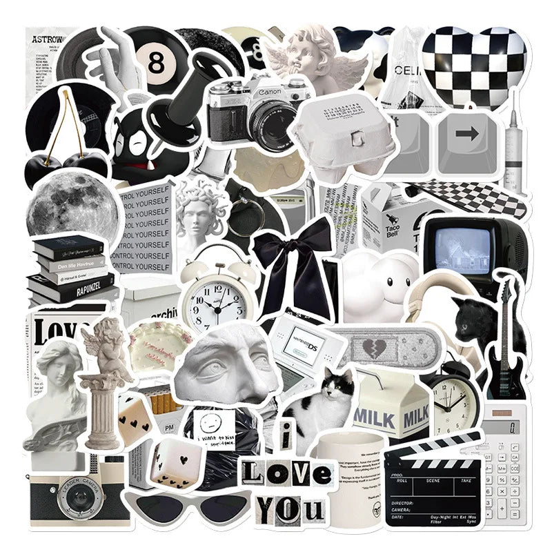 61Pcs Simple Style Black White Things Graffiti Stickers for Book Wall Decor Vinyl Home Small Items Sticker