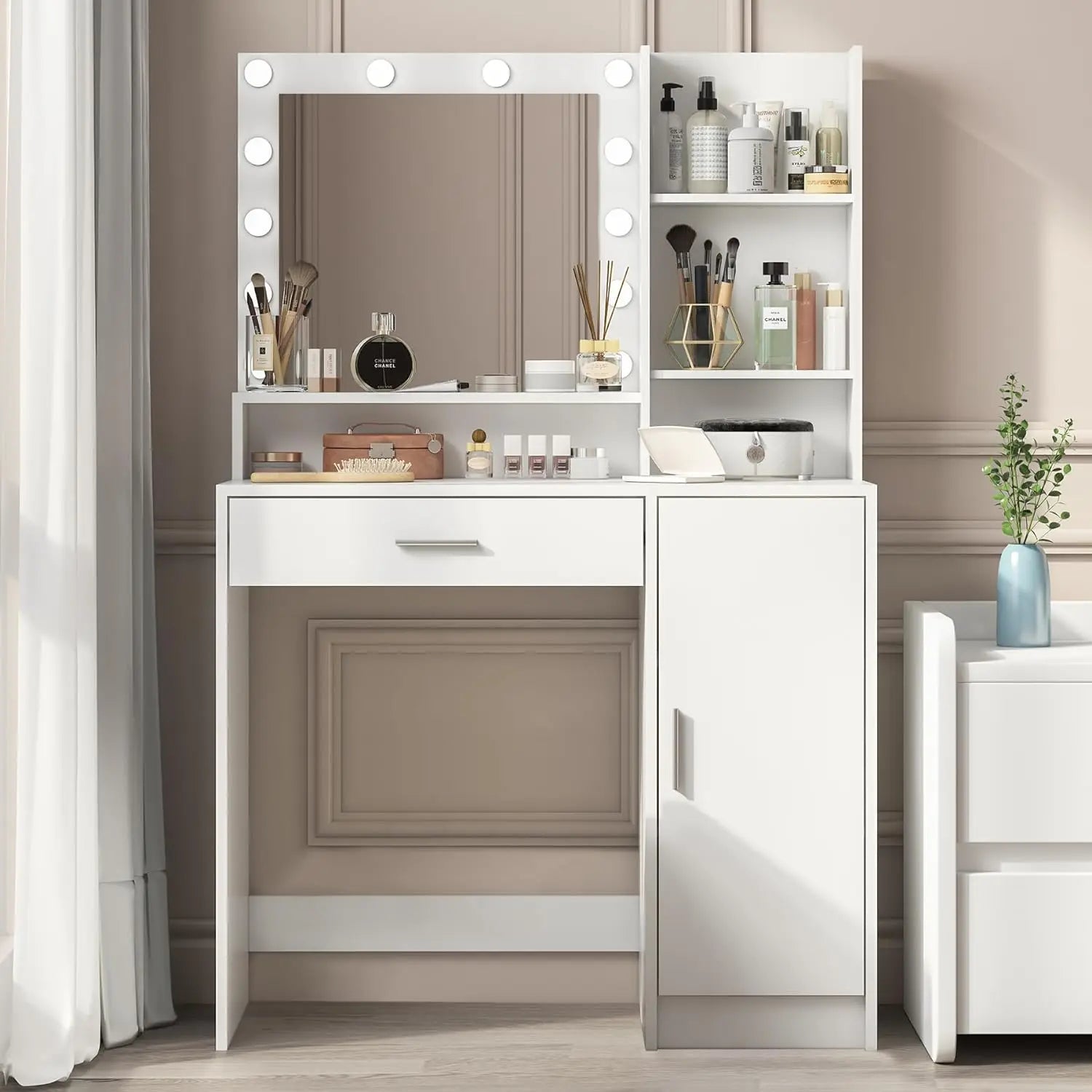 White Bedroom Dressing Table Large Drawer & Three Level Storage Dresser Vanity Desk With Mirror & Adjustable Brightness Light