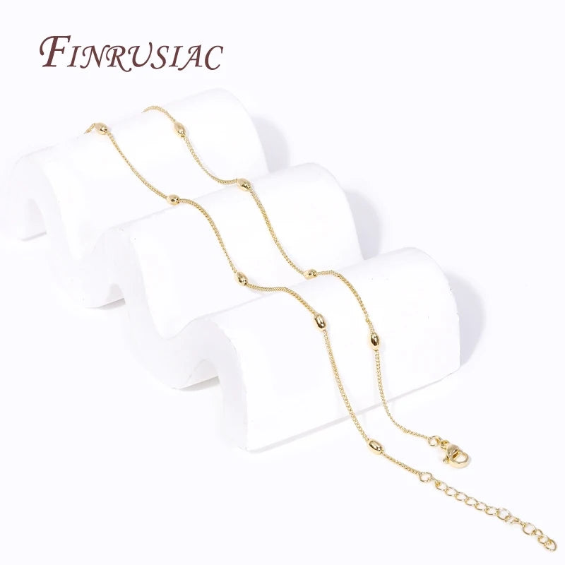 18K Gold Plated Brass Metal 3*7MM Beaded Rice Bead Chain Necklace 49CM Long Link Chain Jewelry Jewelry Findings Components