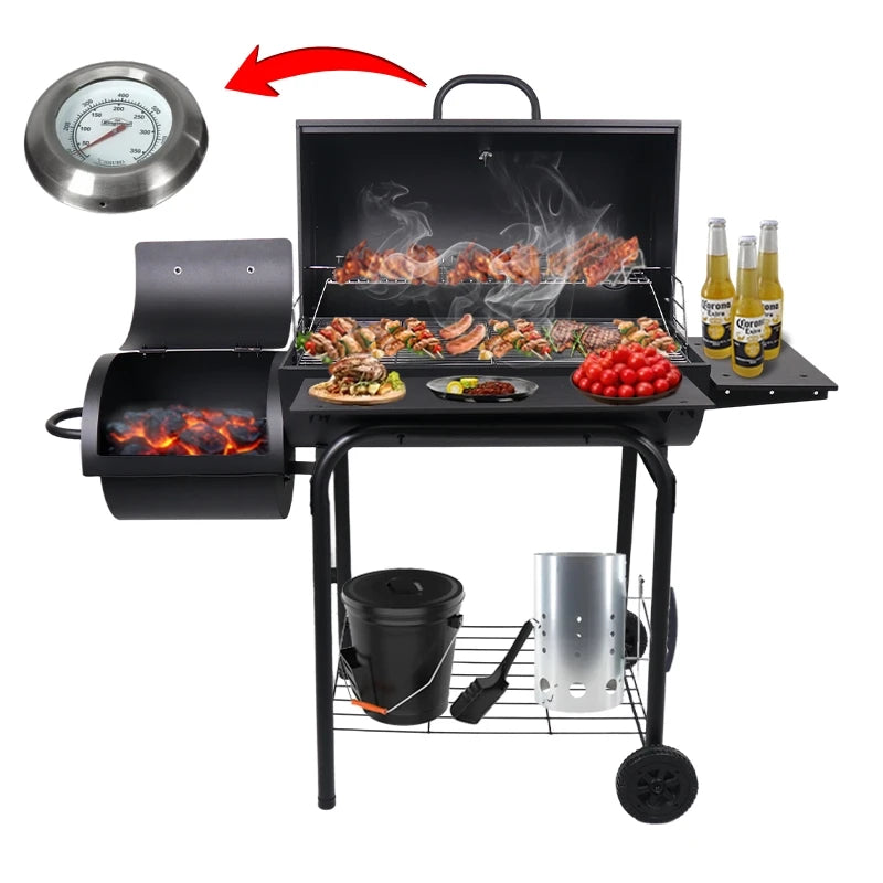 American Popular Premium Steel Outdoor Trolley Heavy Duty Double Oil Drum BBQ Smoker Barrel Offset Smoker Charcoal Grill Party