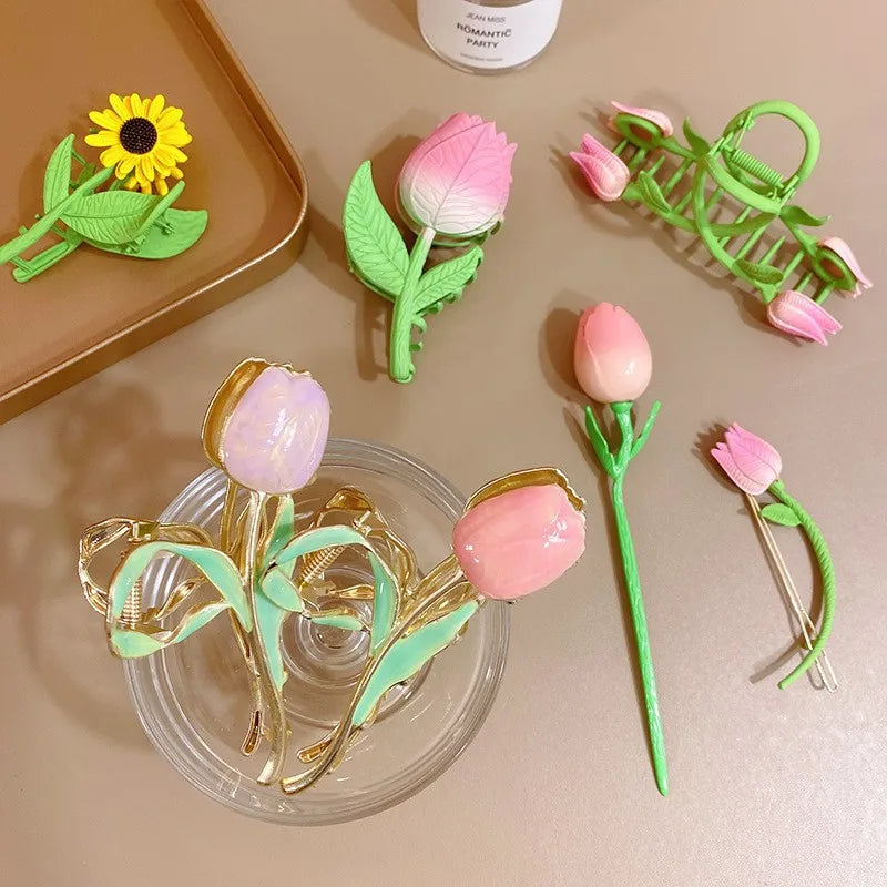 Sweet Elegant Retro Female Hair Claw Headwear New Fashionable Tulip Flower Metal Hair Clip Made of Durable Alloy