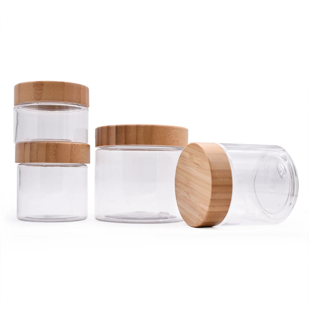 Bamboo Cosmetic Jar 250g Amber Transparency Plastic Jar PET Face Cream Jar With Bamboo Caps