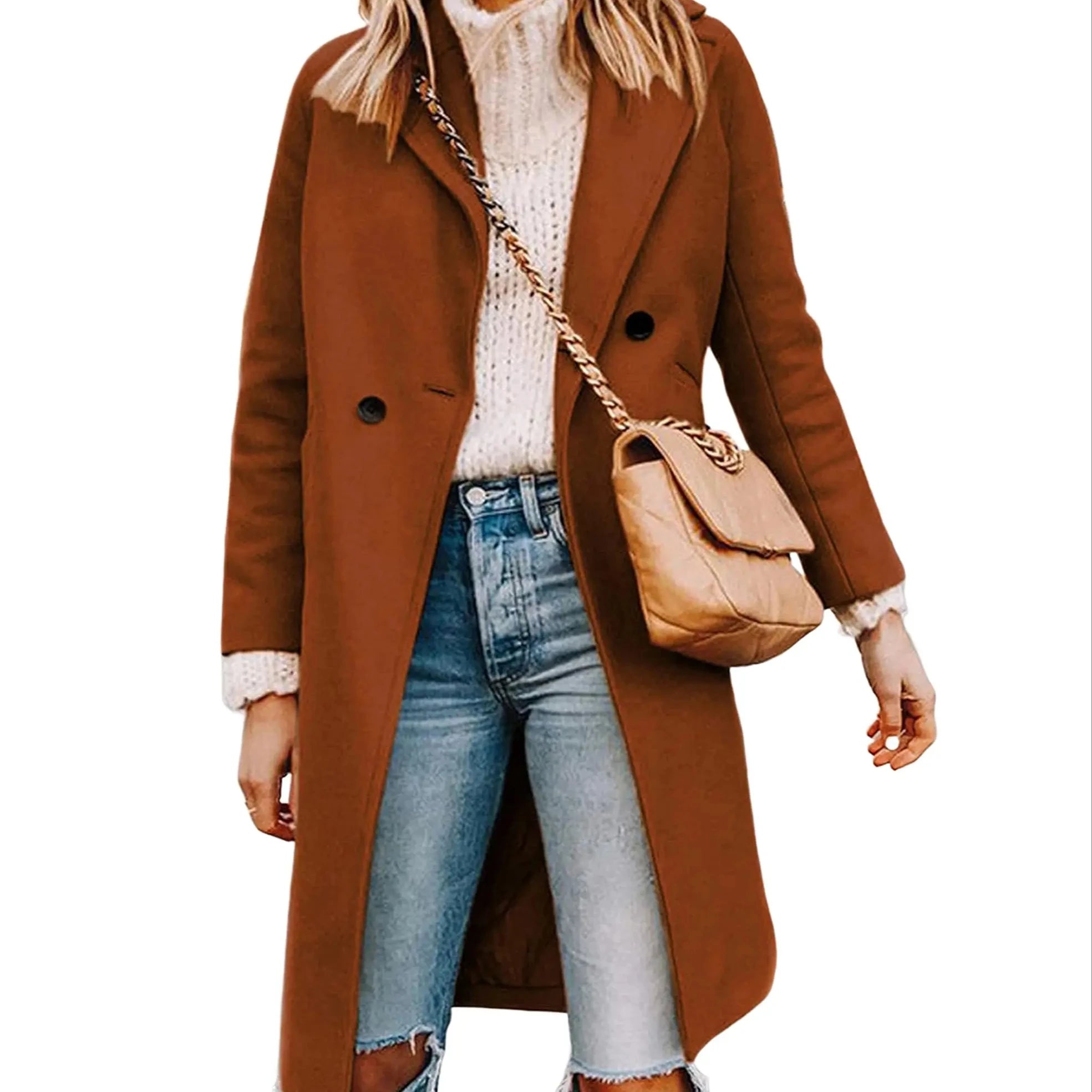 Women's Winter Wool Blend Coat Casual Notch Lapel Single-Breasted Mid Long Pea Trench Coat