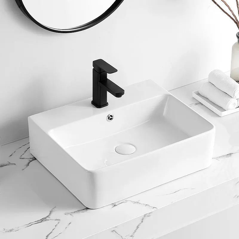 Modern Rectangular Ceramic Bathroom Basin Sink Countertop Polished Single-Hole Joystick Handle Faucet Counter Top Wash Basin