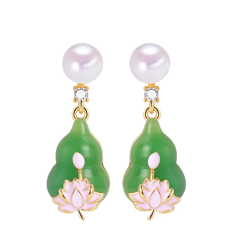 New Chinese Style White Jade Gourd Freshwater Pearl Earrings Natural Freshwater Pearls Women's Gift