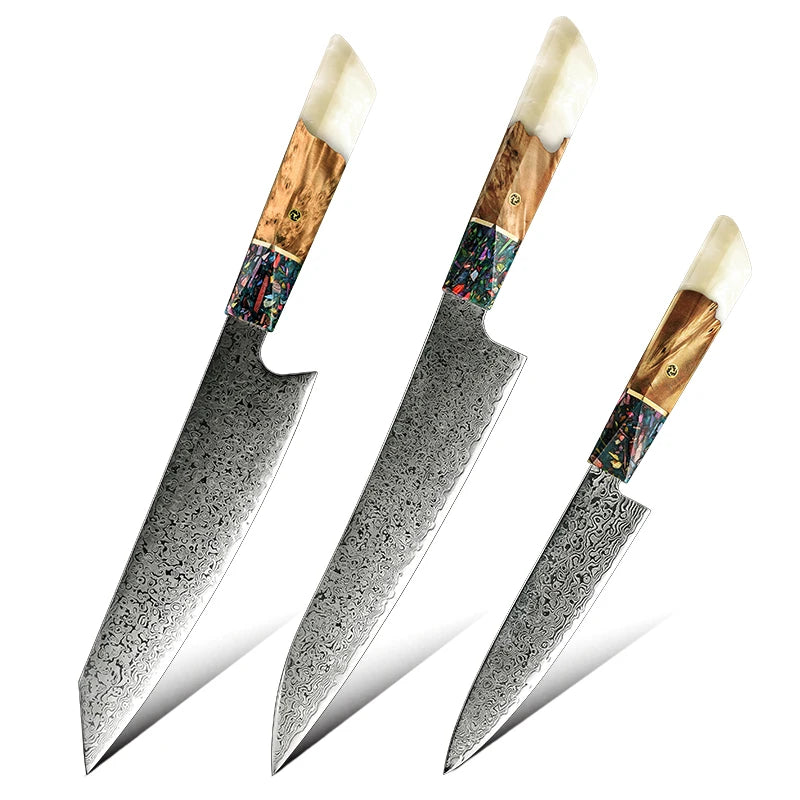 Grandsharp 3 Pcs Resin Handle 67 Layer Damascus Kiritsuke Chef Paring Utility Knife Japanese Multifunctional Kitchen Knives Set