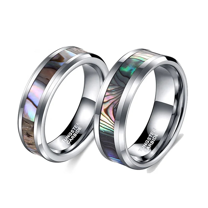 POYA Wholesale Men Women 8mm 6mm Silver Tungsten Abalone Shell Inlay Ring for Wedding
