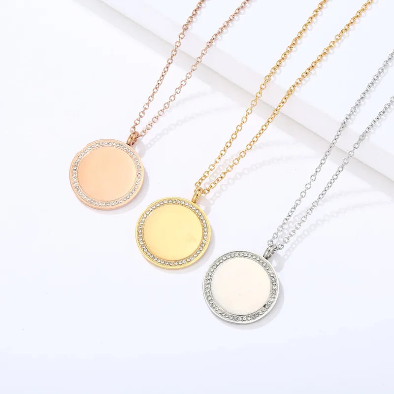 Hot Sale 18K PVD Gold Plated Stainless Steel Circle Heart Pendant Necklace Custom Laser Logo Engraved Blank Name Trendy Design