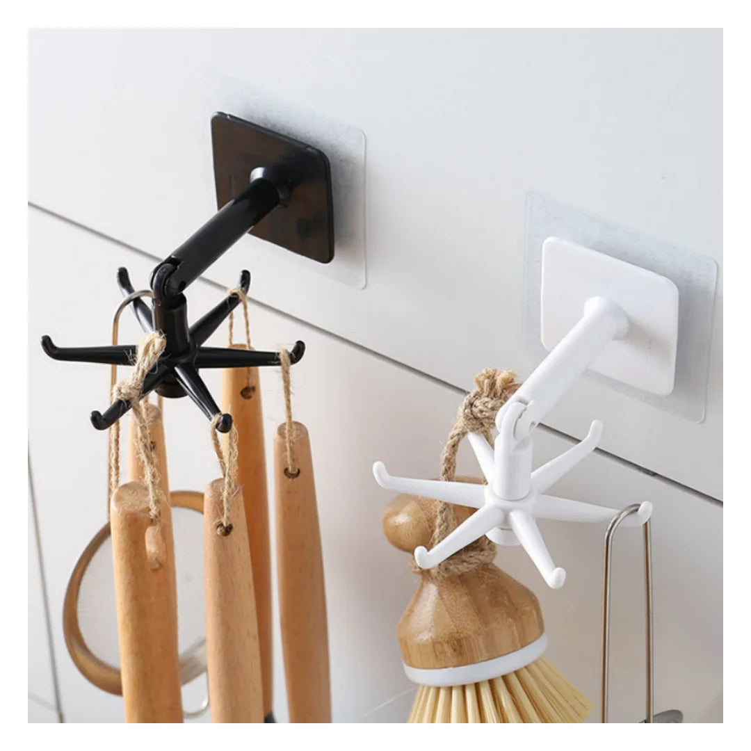 360 Degrees 6 in 1 Rotating Hooks Rotatable Hanging Hook Rack With Trackless Self-adhesive Sticker