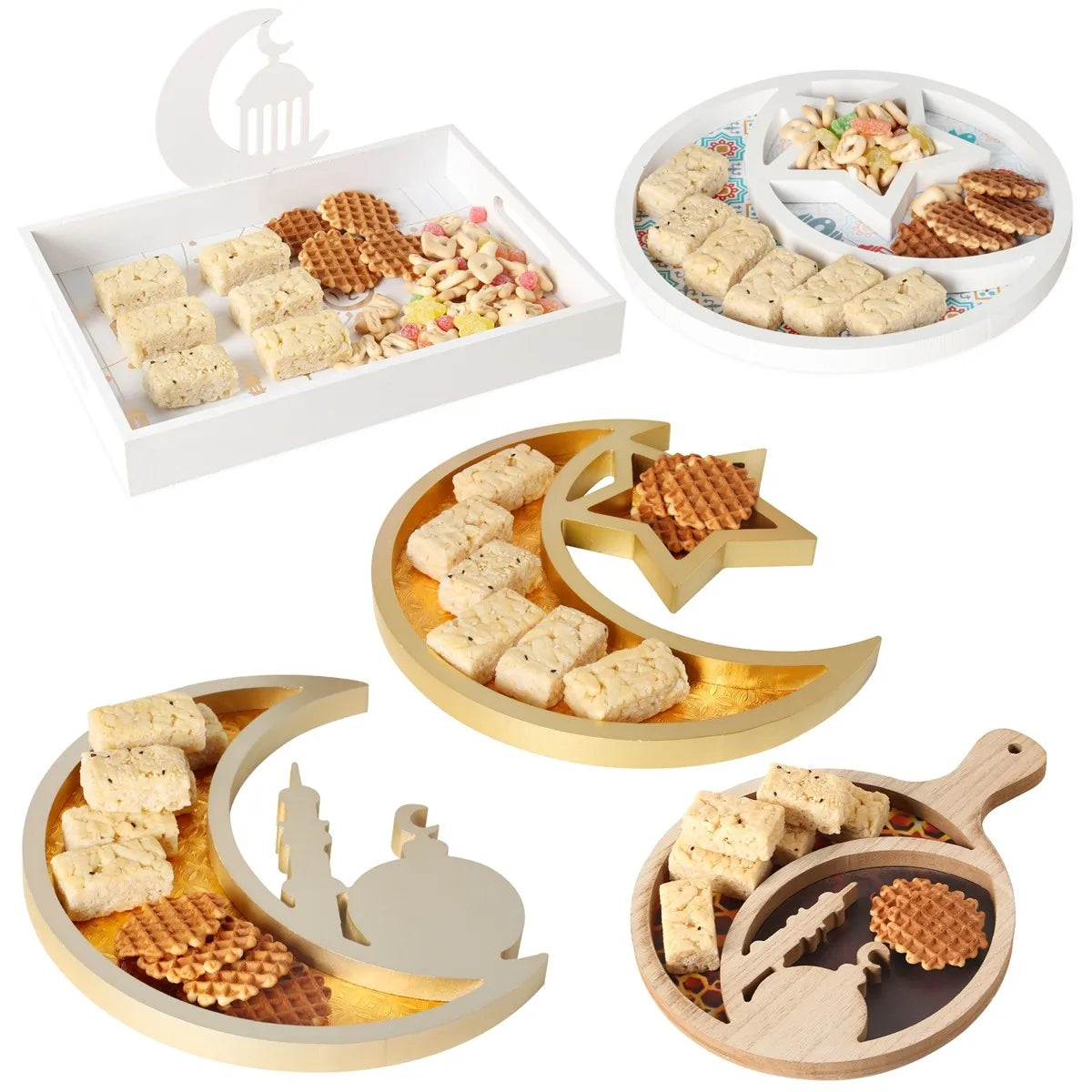 Eid Wooden Tray Ramadan Kareem Moon Star Shape Tray Gift Box Dessert Tray Pastry Display Holder for Eid Mubarak Decoration