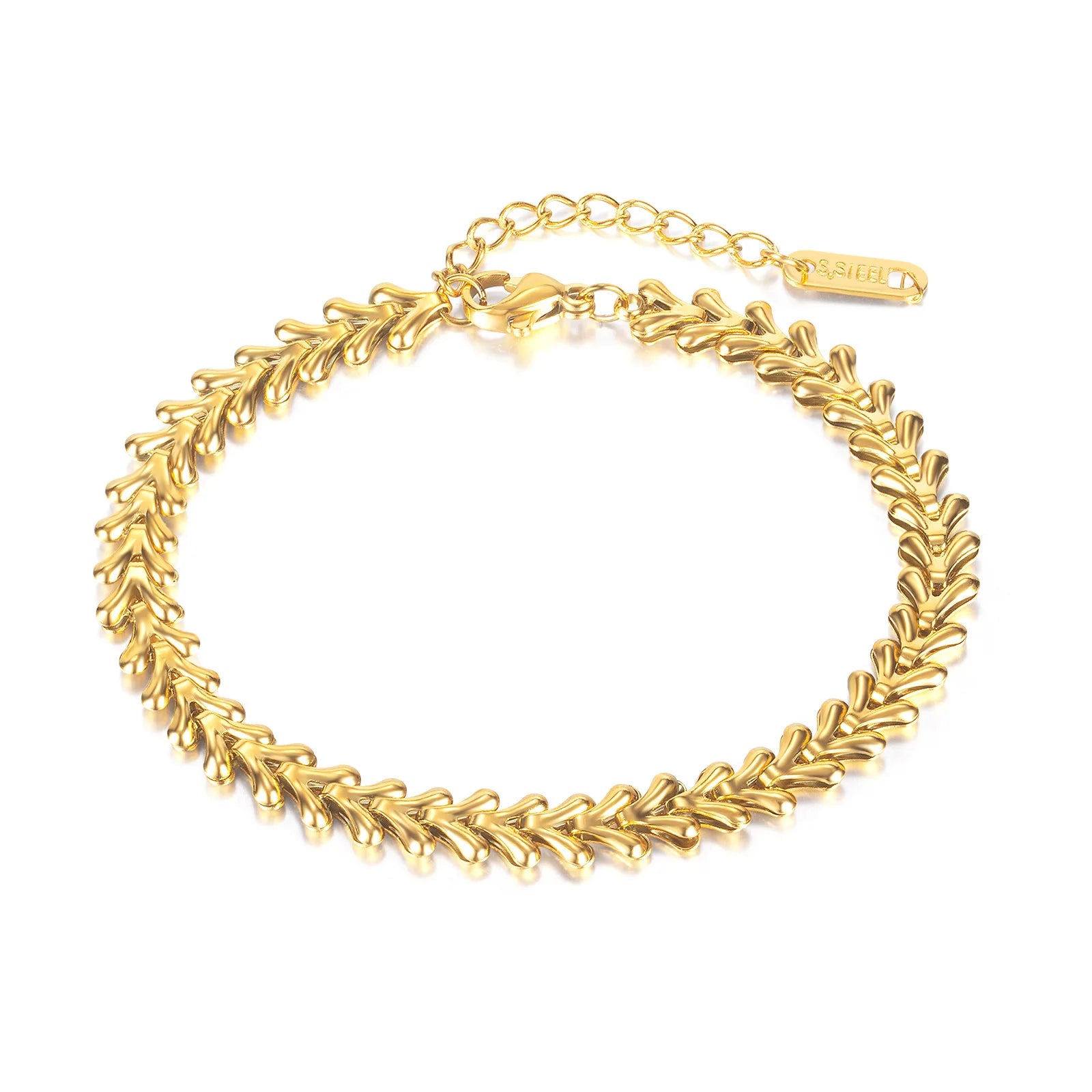 Dropshipping Stocks Selling Latest High Quality 18K Gold Plated Stainless Steel Jewelry Heart Shaped Fishbone Chain Bracelet