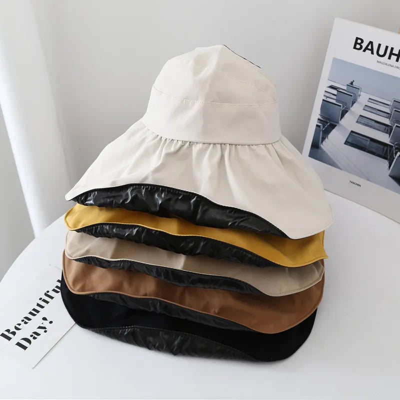 Summer Female Hollow Top Double-Layer Fisherman Hat Sunscreen Hat Black Glue Coating Outdoor UV Sun Protection Sunscreen Hat