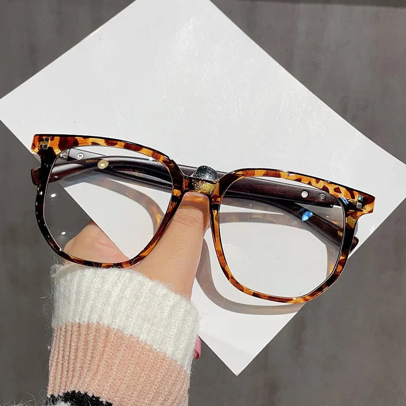 TR90 Large Polygonal Eyeglasses Frames Anti-Blue Light Faux Wood Grain Glasses Black Frame with Rice Nail Design for Men Women