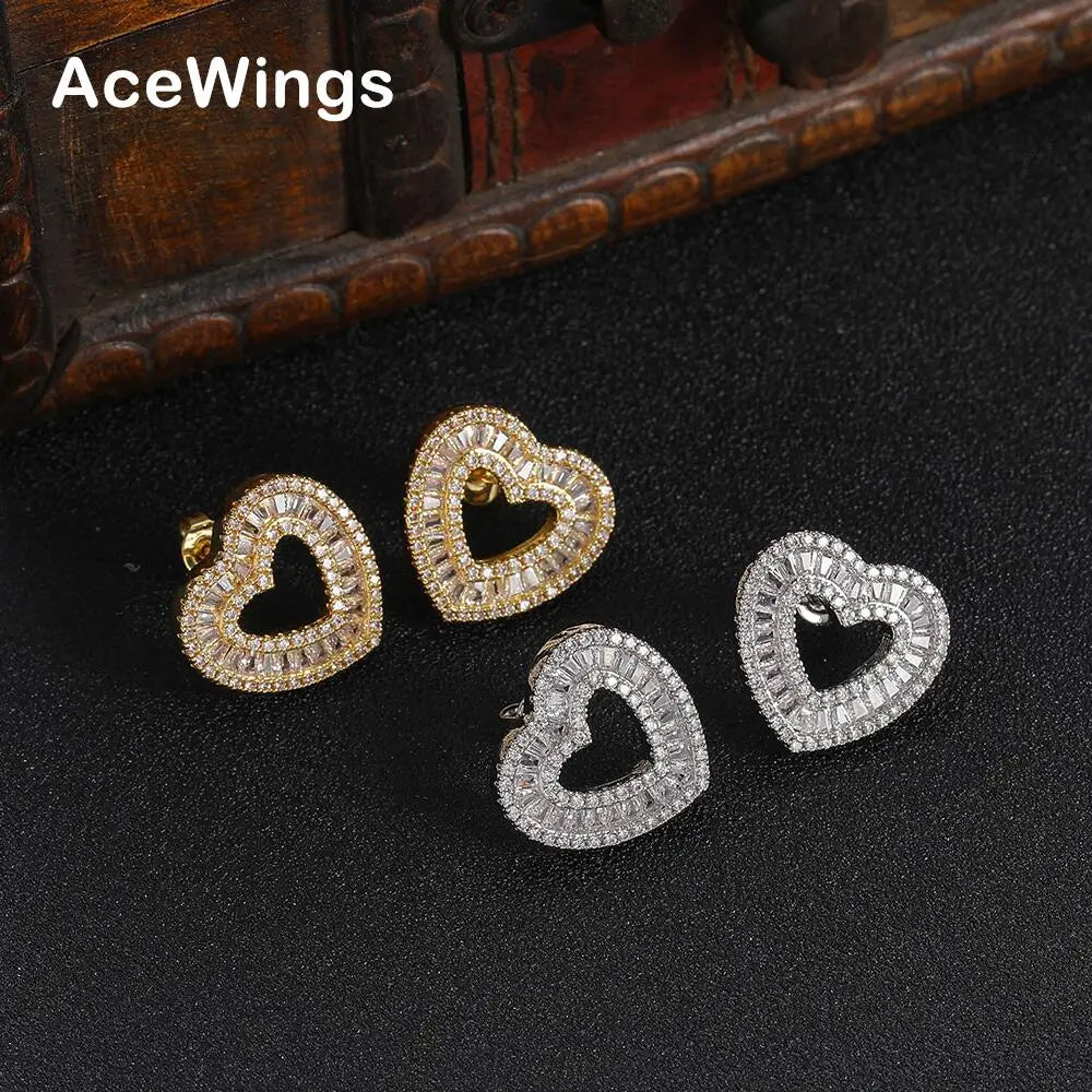 E064 Bling Bling Geometric Gold Plated  Stud Earrings Brass CZ Heart Fashion Jewelry for Women Anniversary & Party