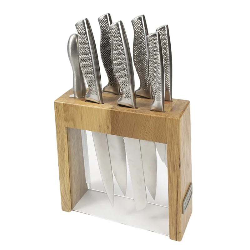 New 8-Piece Hollow Handle Stainless Steel Kitchen Knife Set with White Oak Wood Acrylic Block Ambidextrous Design LFGB Certified