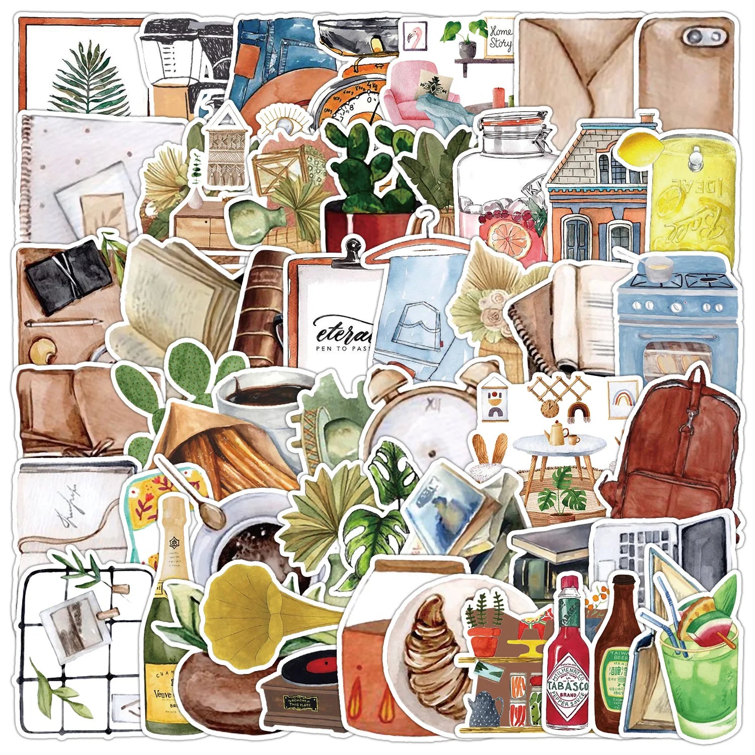 50PCS Car Cup Refrigerator Decoration Sticker Watercolor Retro Gadget Graffiti Stickers