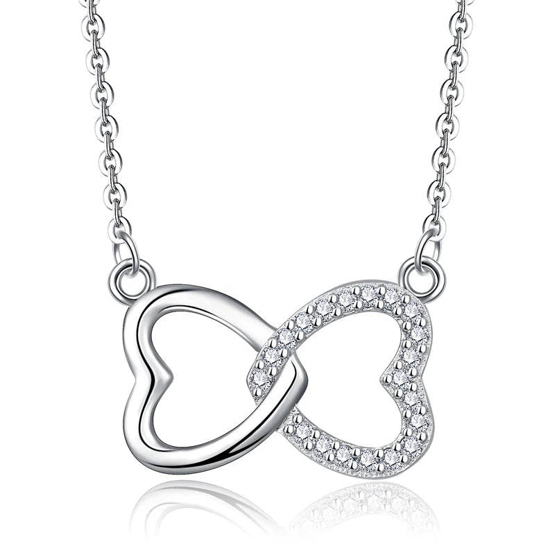 Valentine's Day Gift Romantic Hollow Double Heart Silver Necklace 925 Customized Cubic Zirconia Rhodium Plated Women Necklace