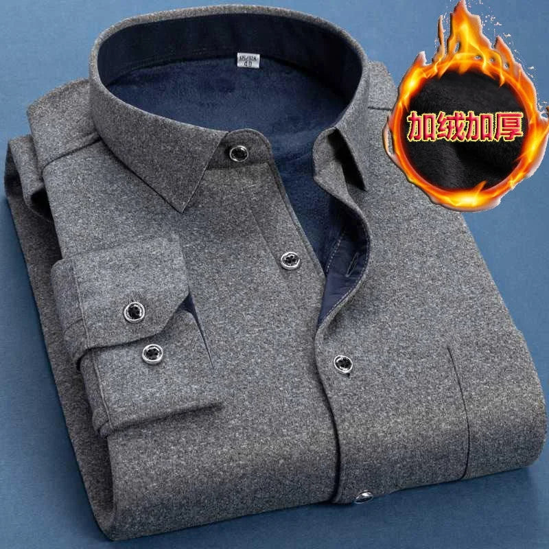 M-6xl Autumn Winter Men Fleece Warm Shirt 2023 Male Fashion Solid Long Sleeve Business Big Size Shirt Plaid Thick Warm Shirt