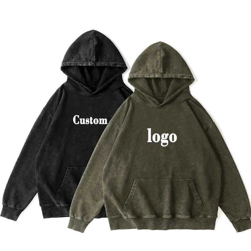 Streetwear Cotton Grey Heavy Weight Oversized Men Vintage Heavyweight Distressed Set Puff Printing Acid Wash Custom Hoodies