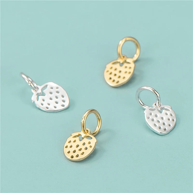 Mini 6mm Lovely 925 Sterling Silver Gold Plated Flat Strawberry Fruit Charms Pendants for Jewelry Making