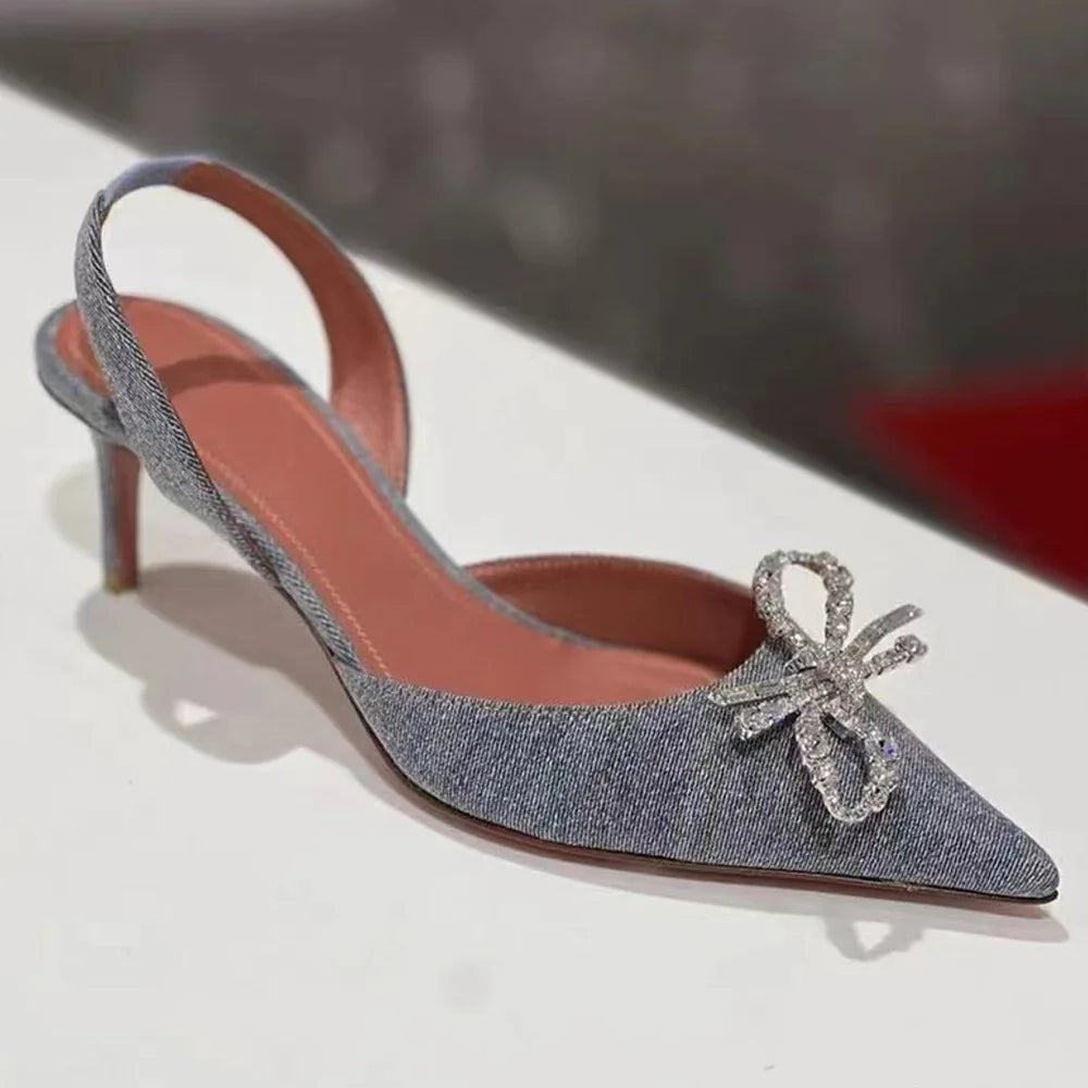 High-end Luxury Clear PVC Rhinestone Bowknot Pointed Toe Women's Heel Sandals Summer/Winter 7cm Heel Height Increasing