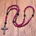Hematite Cross Pendant Necklace Rose Red Tiger Eye Onyx Catholic Christ Rosary Necklace Natural Stone Prayer Bead Jewelry