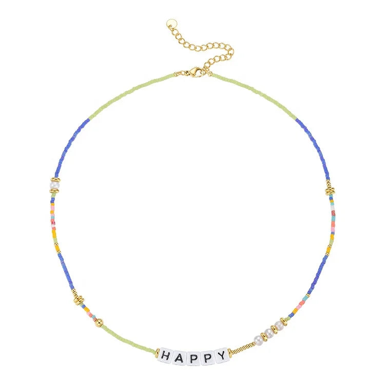 Waterproof PVD 18K Gold Plated Stainless Steel Colorful Rice Beads Acrylic Letter Love Dream Happy Necklace for Women P213246