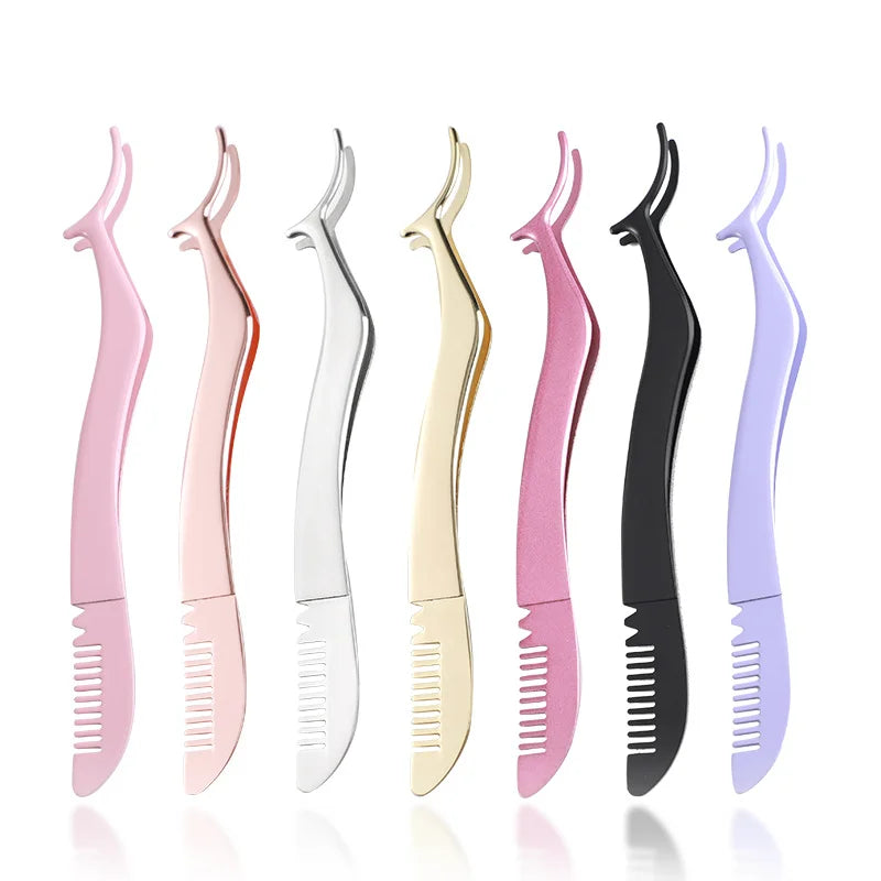 New Stainless Steel Slanted Tip False Eyelash Tweezers Comb Auxiliary Safety Extension Tweezers Eyelash Curler