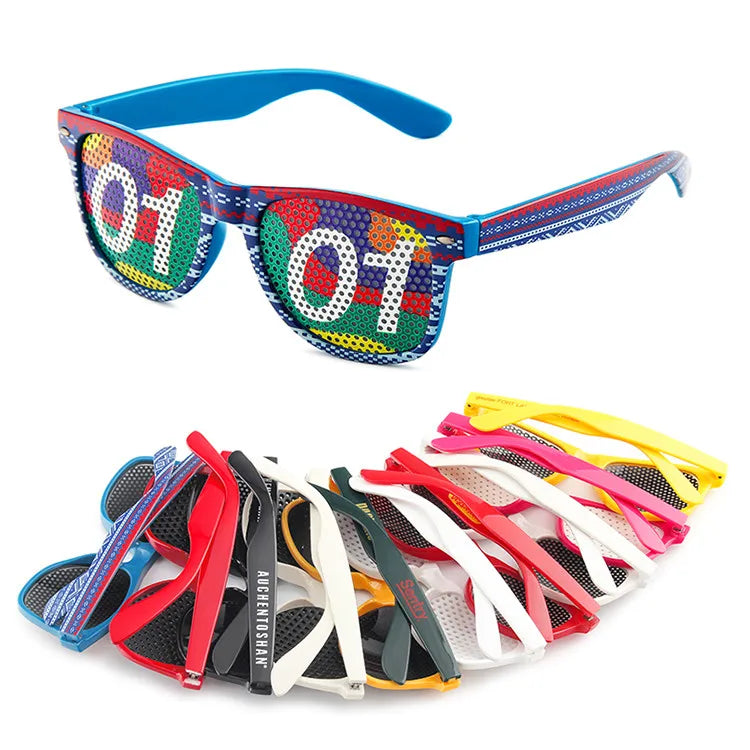 Glazzy Cheap Promotion Eyeglasses Custom Logo Pinhole Shades Glasses PVC Sticker Pinhole OEM Sunglasses 2024