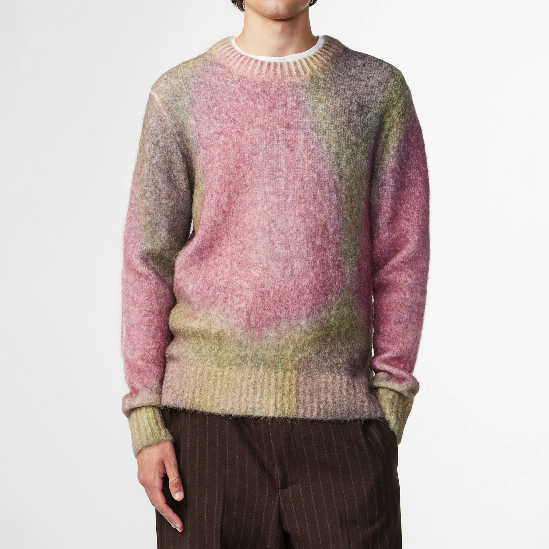 Crew Neck Long Sleeve Color Block Mohair Fuzzy Custom Jacquard Men Pullover Knit Sweater