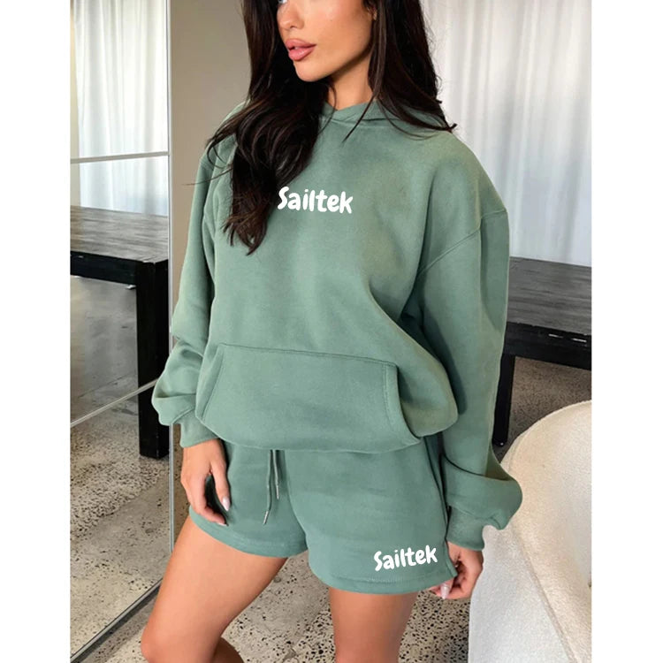 Women's Fashion Clothing Custom logo Sportswear Cotton Short Sweat Suits Set Women Two Piece Hoodie and Shorts Set for Women
