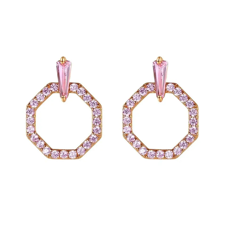 Daidan Earrings Sterling Silver 925 Elegant Earrings Women Pink Cubic Geometric Stud Bridal Zirconia Pink Stud Earrings