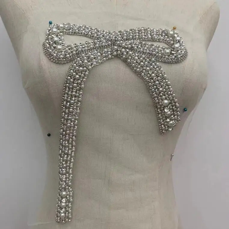 Custom Delicate Handmade Bow Rhinestone Applique for Dress