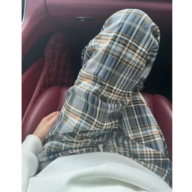 Women Plaid Loose Long Pants High Waist Soft Ice Silk Casual Trousers Spring Summer Lady Thin Wide Leg Pants