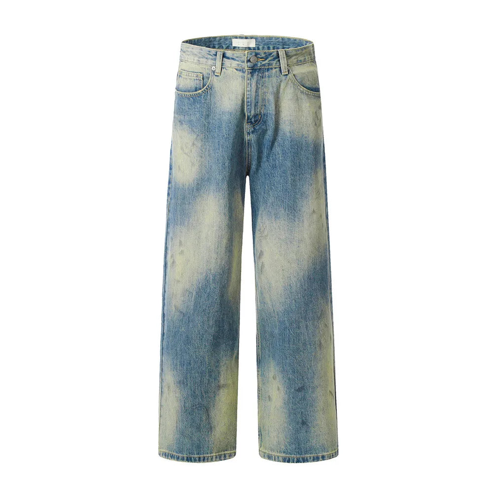 Designer Jeans Tie-dye Gradation Stone Wash Vibe High Street Men's Jeans Fitting Straight Leg Unique Design Men's Jeans