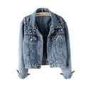 Factory Wholesale Women Pearl Denim Jacket Beaded Pearl Loose and Thin Spring Autumn Short Style Wedding Denim Jacket Supplier