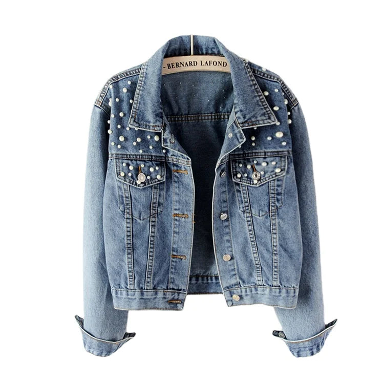 Factory Wholesale Women Pearl Denim Jacket Beaded Pearl Loose and Thin Spring Autumn Short Style Wedding Denim Jacket Supplier