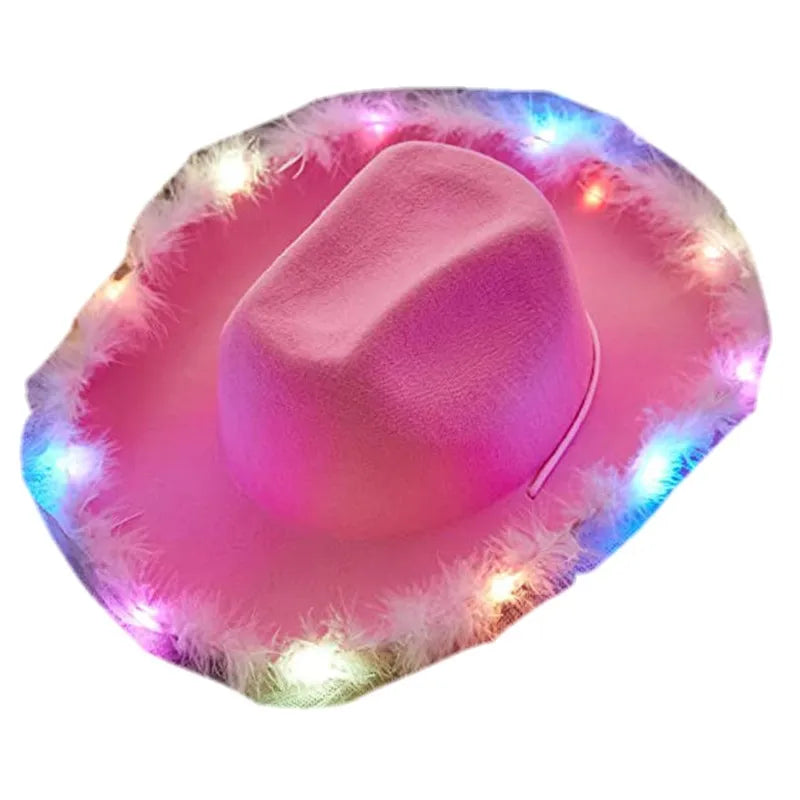 Women LED Light up Flashing Fur Trim pink Cowgirl Hat Western Party pink Cowboy Hat Light up bulk