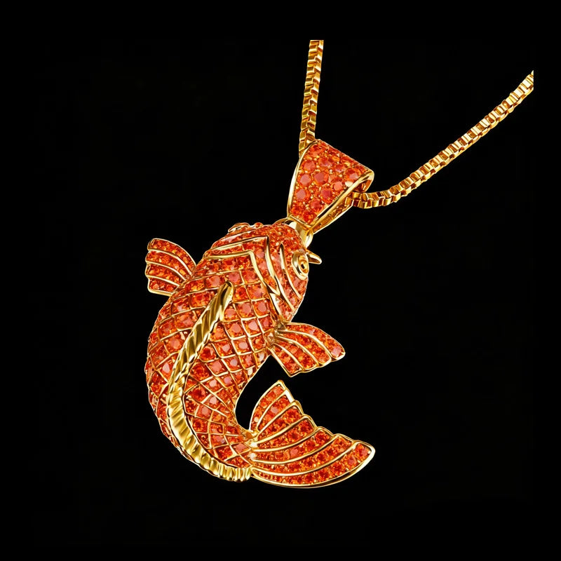 Iced Out Bling Jewelry Hip Hop Street Style Brass Koi Fish Pendant Charm with Orange Cubic Zirconia for Men