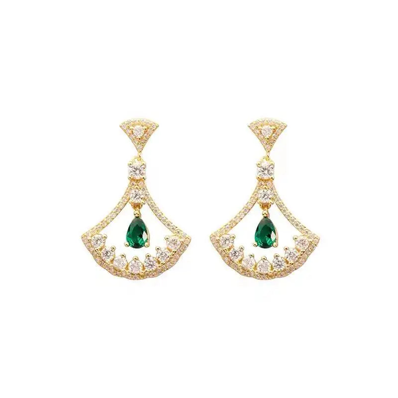 Elegant Luxury Vintage Pure 925 Sterling Silver Sector Emerald Green Zircon Stone Stud Earrings for Women Girls