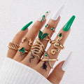 8Pcs/set Bohemian Retro Simple Chain Green Butterfly Set Ring Women Vintage Link Snake Decor Finger Ring Set
