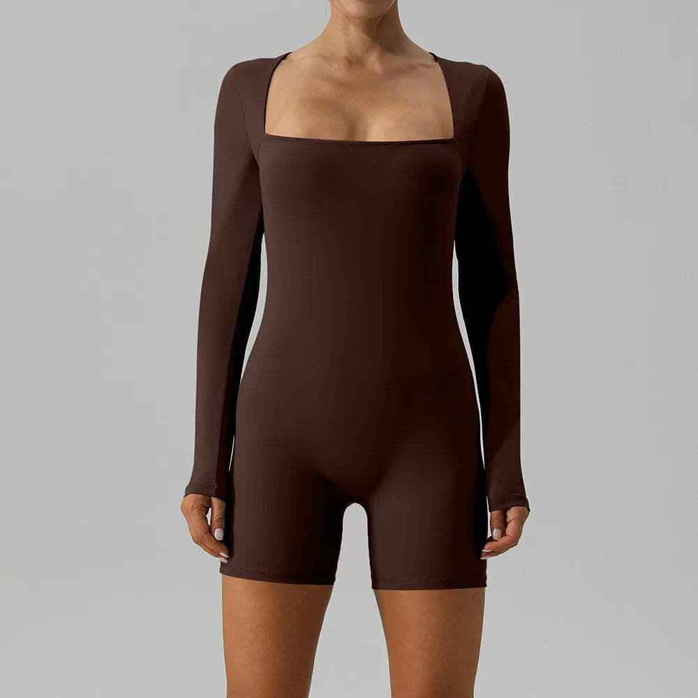 Women Compression Comfort Soft Padded Square Neck One Piece Sets Jumpsuit Yoga Bodysuit