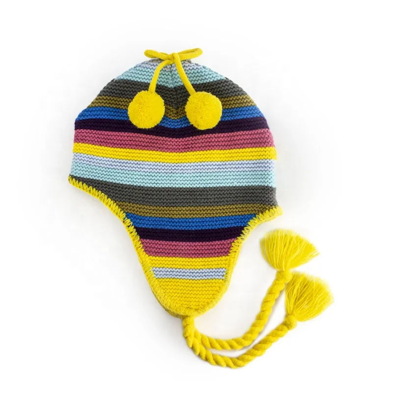 Colorful Patterned Kids Double Pom Pom Luxury Brand Girl Knitted Winter Hats With Earflap Custom Pom Children Beanie Hats