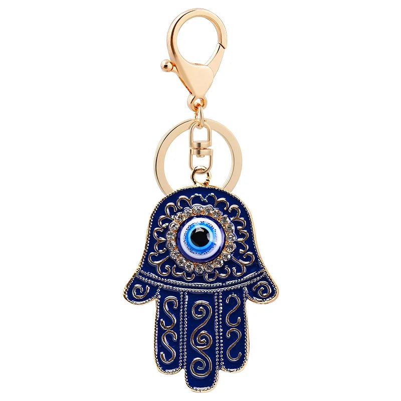 Vintage Gold Plated Oil Drop Fatima Hand Car Keyring Enamel Blue Evil Eyes Hamsa Hand Keychain for Bag
