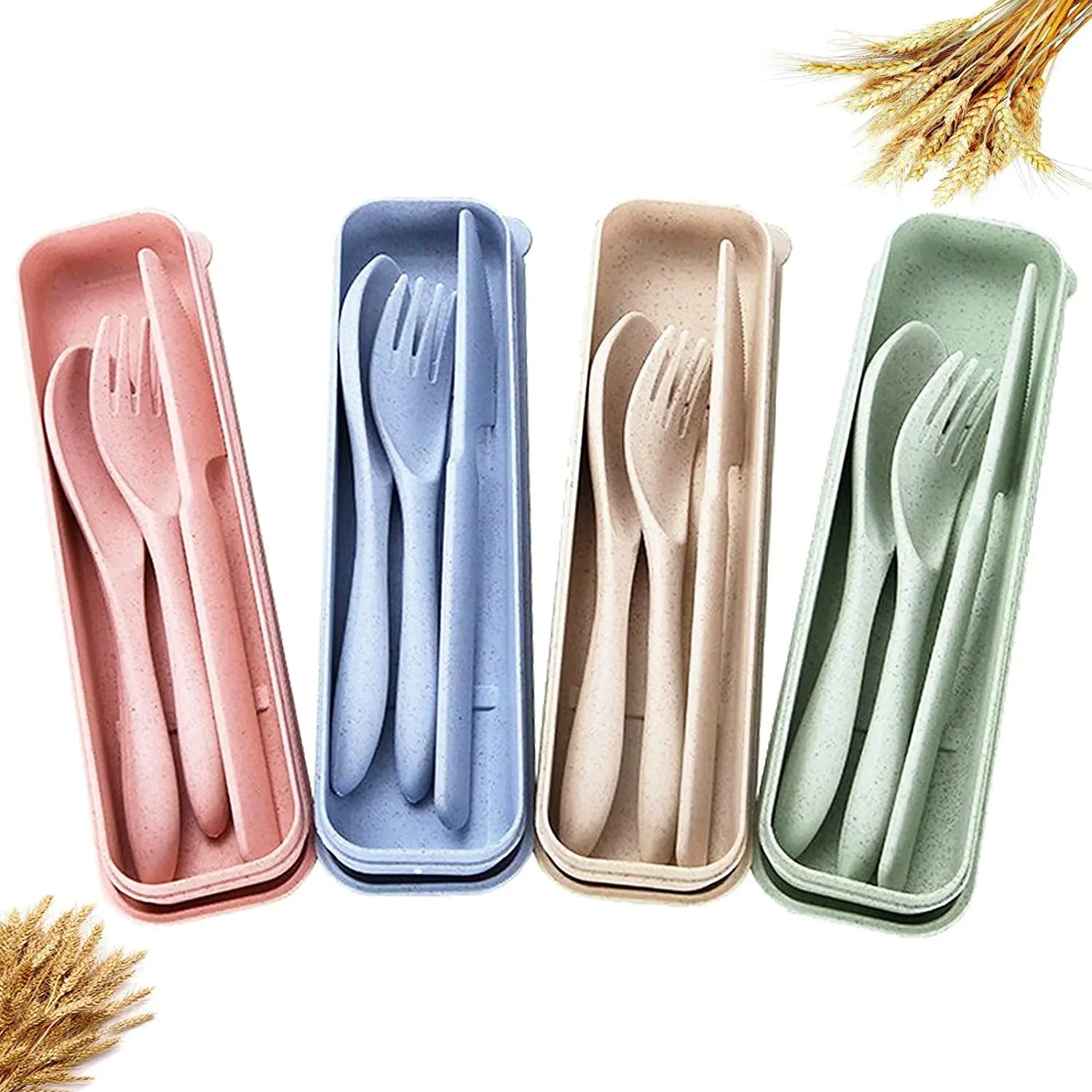 Eco Friendly Camping Tableware Wheat Straw Cutlery Travel Utensil Set With Case