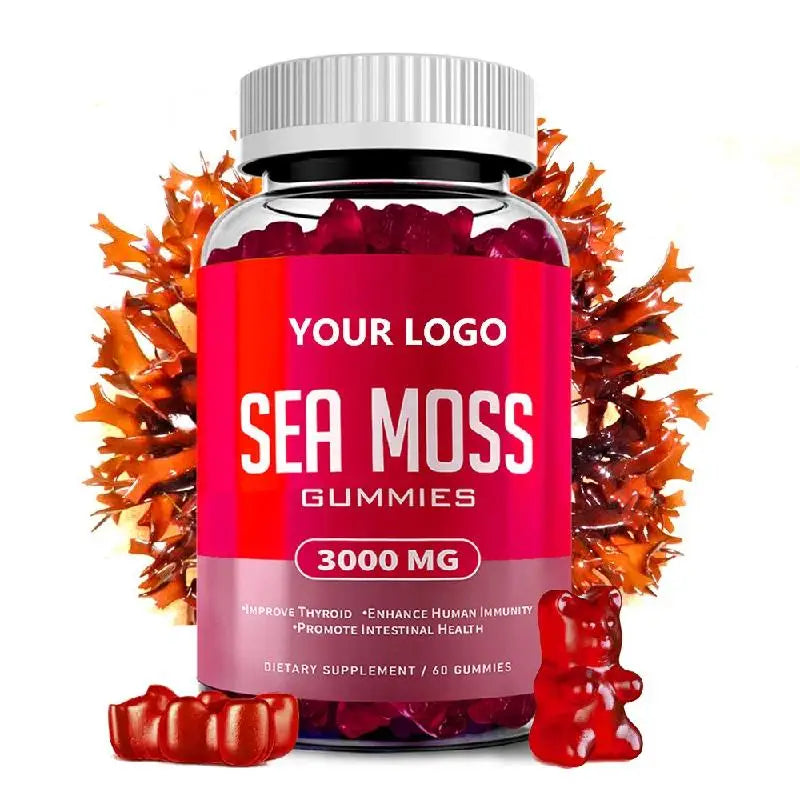 Private Label Vegan Organic Strawberry Flavor Irish Sea Moss Gummies With Bladderwrack Burdock for Immune Joint Support 3000mg