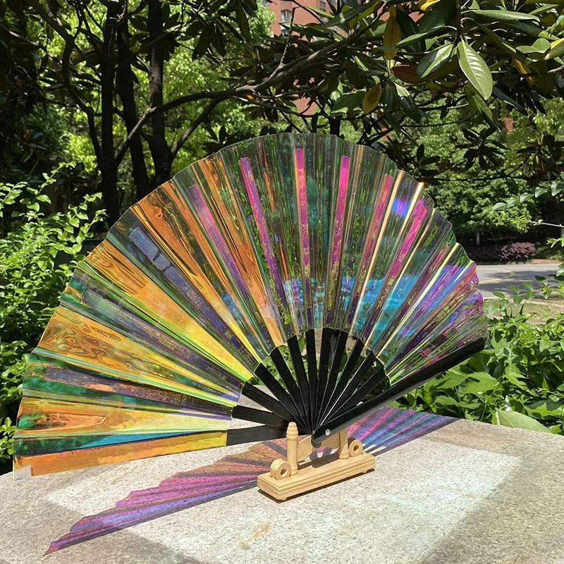 Wholesale Holographic Large Carved Love Hand Fan 13inch 33cm Customize Bamboo Rave Fan for Party Use Souvenir