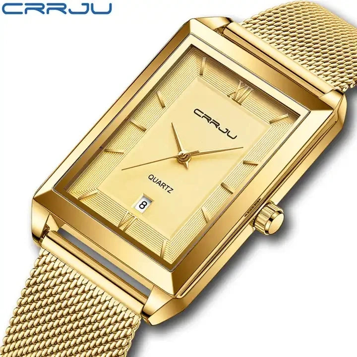 CRRJU 2197 New Gold Watch Men Square Mens Watches Top New Luxury Golden Quartz Stainless Steel Waterproof Wrist Watch