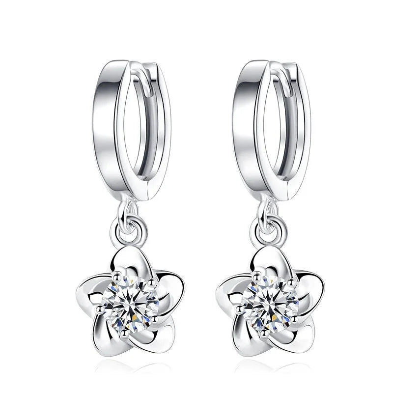 Trendy 925 Silver Plated Dangle Crystal Zirconia Flower Petal Huggie Earring Jewelry for Women