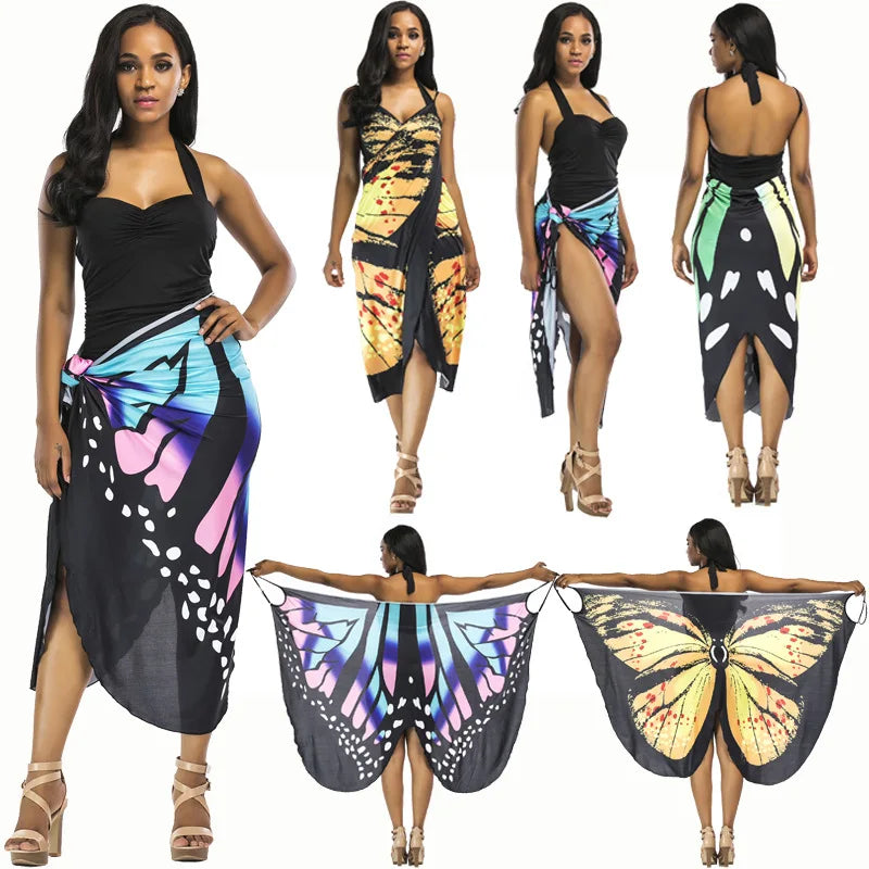 Sexy Cover up Beachwear Skirt Sun Protection Butterfly Floral Printed Beach Holiday Shawl Wrap Skirt Dress for Woman